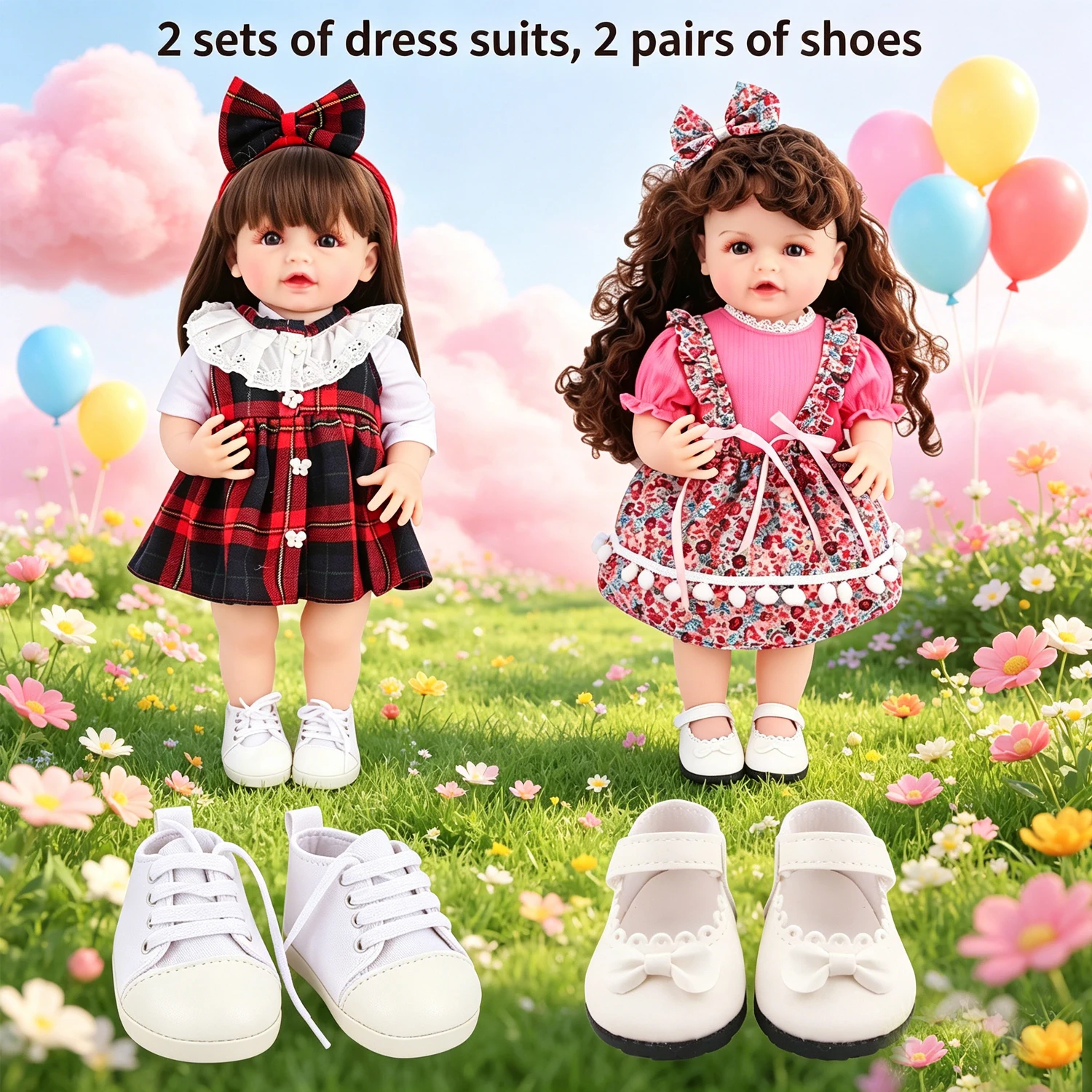 

2 Sets 55cm Reborn Doll Clothes Outfits Floral Dress Suit+2 Pairs Doll Shoes Cute Headband Costume for 22" Baby Girl Dolls Toy