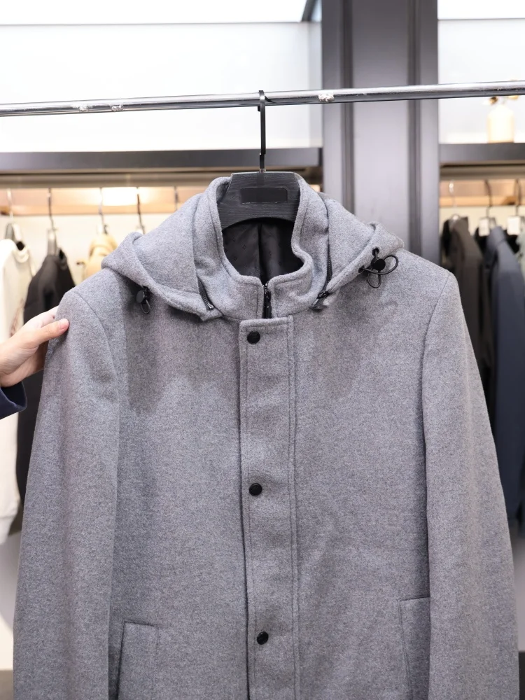 

Comfortable Men's Hooded Mid-Length Coat Jaet H-Sle Faion Urban Long Sve Stand Fit Autumn Winter Removeable Hat