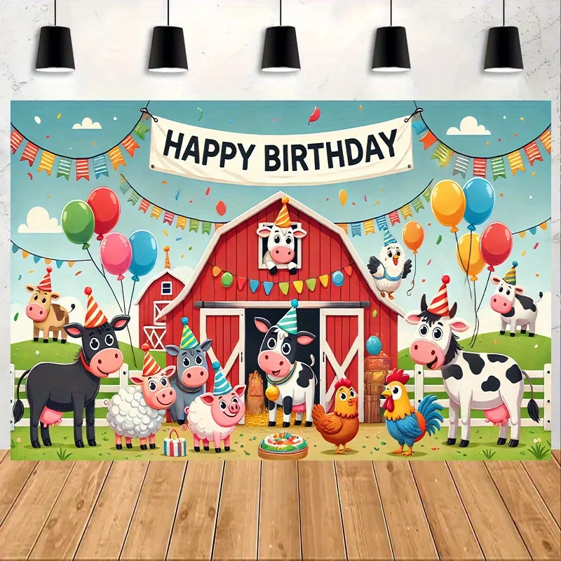 1 Stück Bauernhoftier-Geburtstagsparty-Hintergrund – lebendiger Polyester-Hintergrund, Scheune, Kühe, Hühner und Luftballons, Kuhschmuck