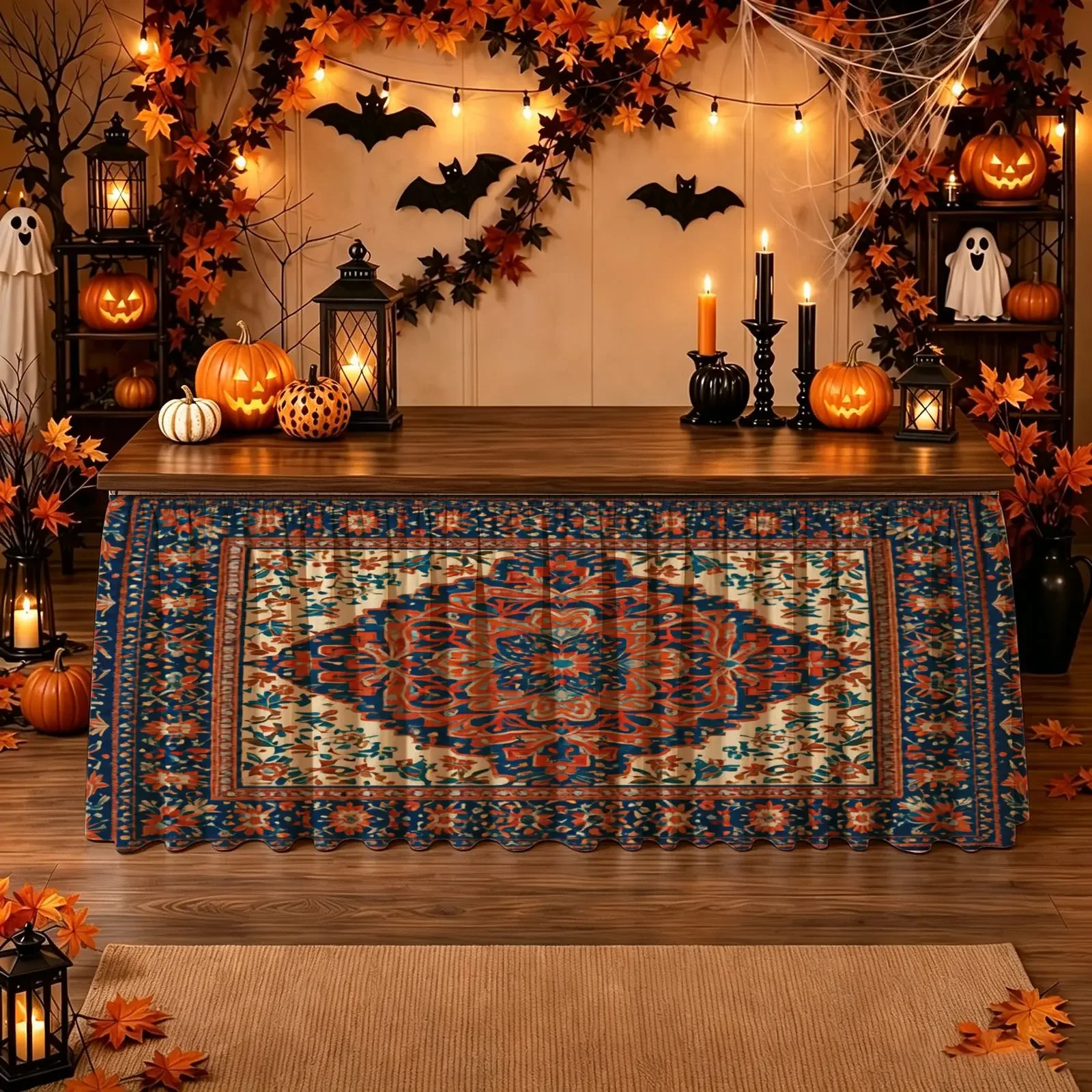 Halloween Christmas Party Scary Tablecloth - Orange and Blue Cream Color Geometric Medals - Eastern Design