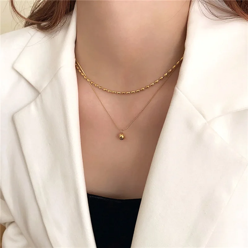 ANENJERY 316L Stainless Steel Double Layer Round Beads Pendant Necklace for Women Fashion Temperament Jewelry Accessory
