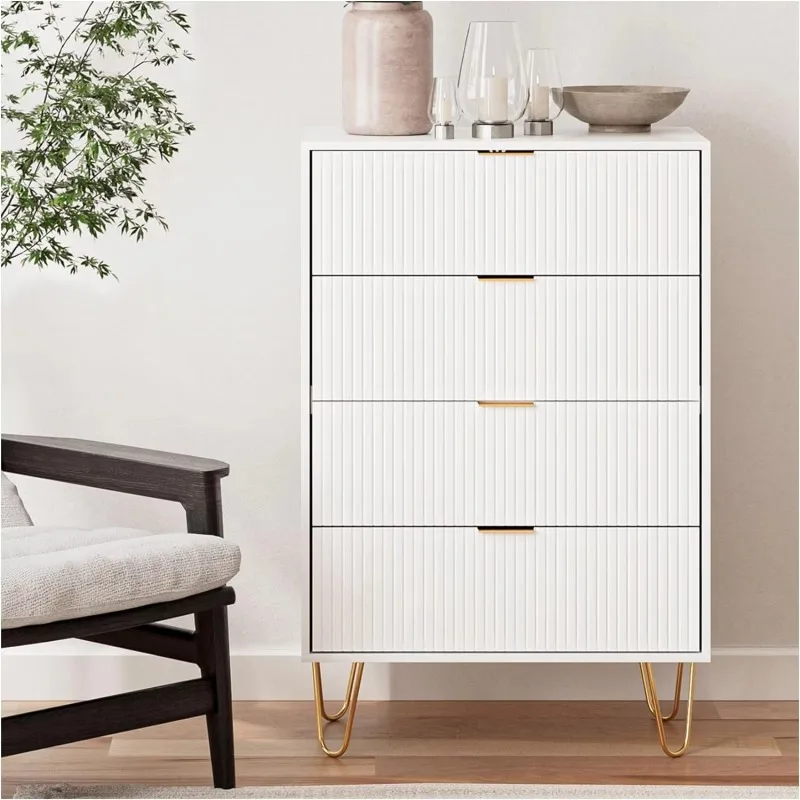 

US 4 Drawer Dresser,Drawer Chest,Tall Storage Dresser Cabinet Organizer Unit with Gold Handles,White Dresser for Bedroom,Living