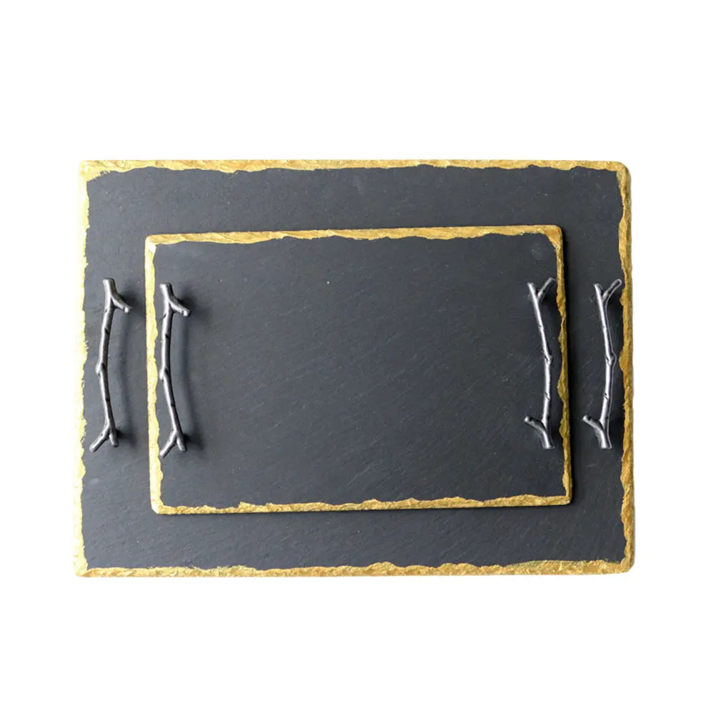 1Pcs Premium Pottery Food Tray Rectangular Serving Plate with Branch-Like Handles for Sushi Cakes Desserts Buffet Party Outdoor