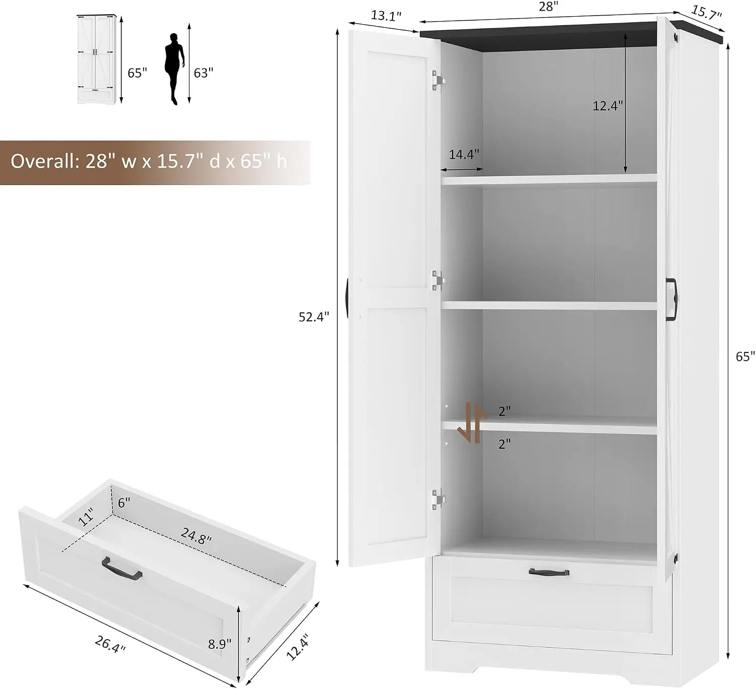Tall Kitchen Pantry Cabinet, Freestanding Wood Cupboard Storage Organizer, Living Room Dining Room Bathroom Utility Unit, Four Shelves With Sliding Drawer, Rustic Farmhouse Style, Solid White