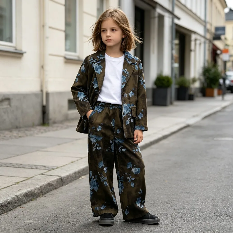 Girls Floral Print Blazer Suit Set Wide Leg Pants Lapel Collar Long Sleeve Button Front Retro School Kids Casual Outfits 4-12Y