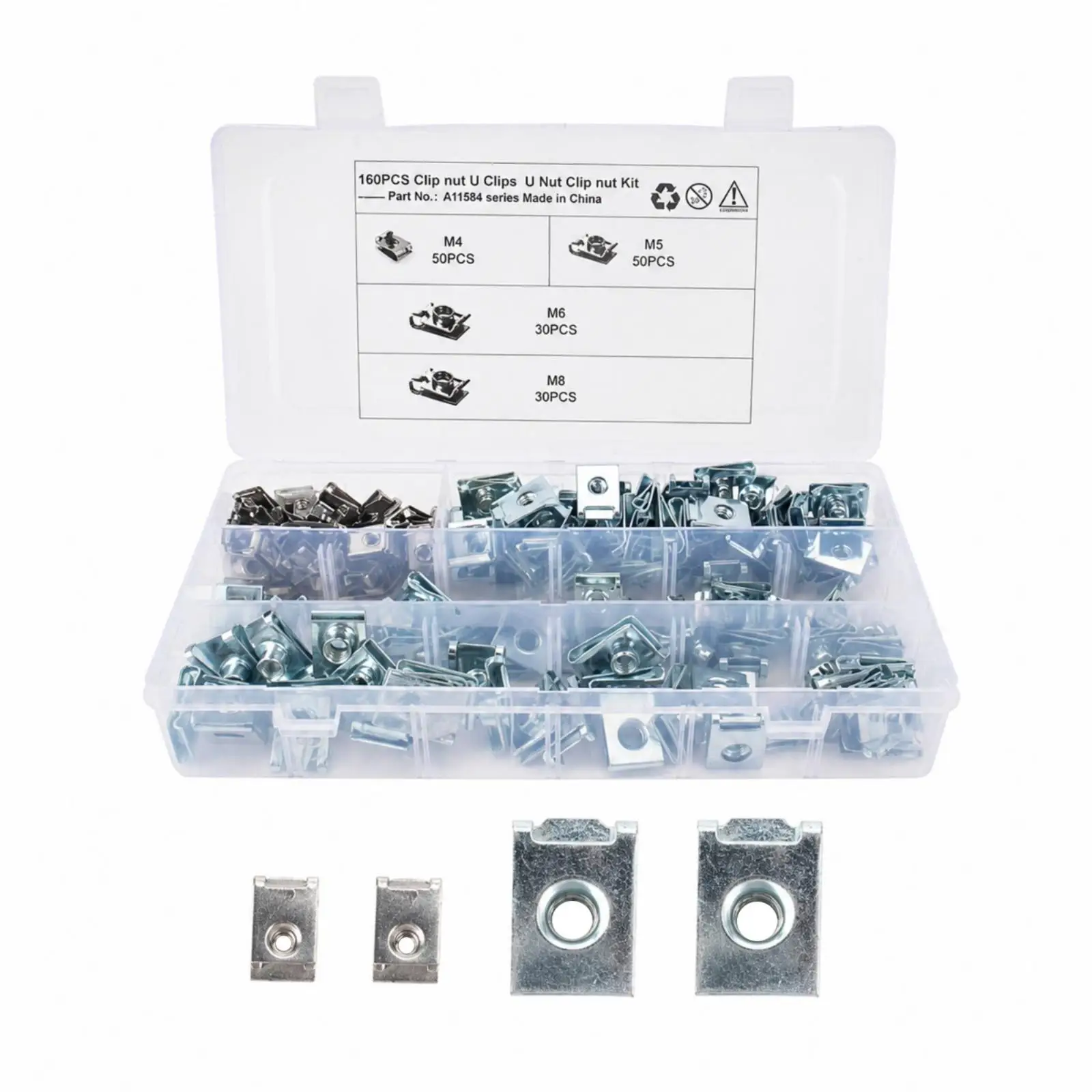 Spring Clip Nut Assortment M4 M5 M6 M8 for Automotive Repair DIY Projects with Clear Storage Box