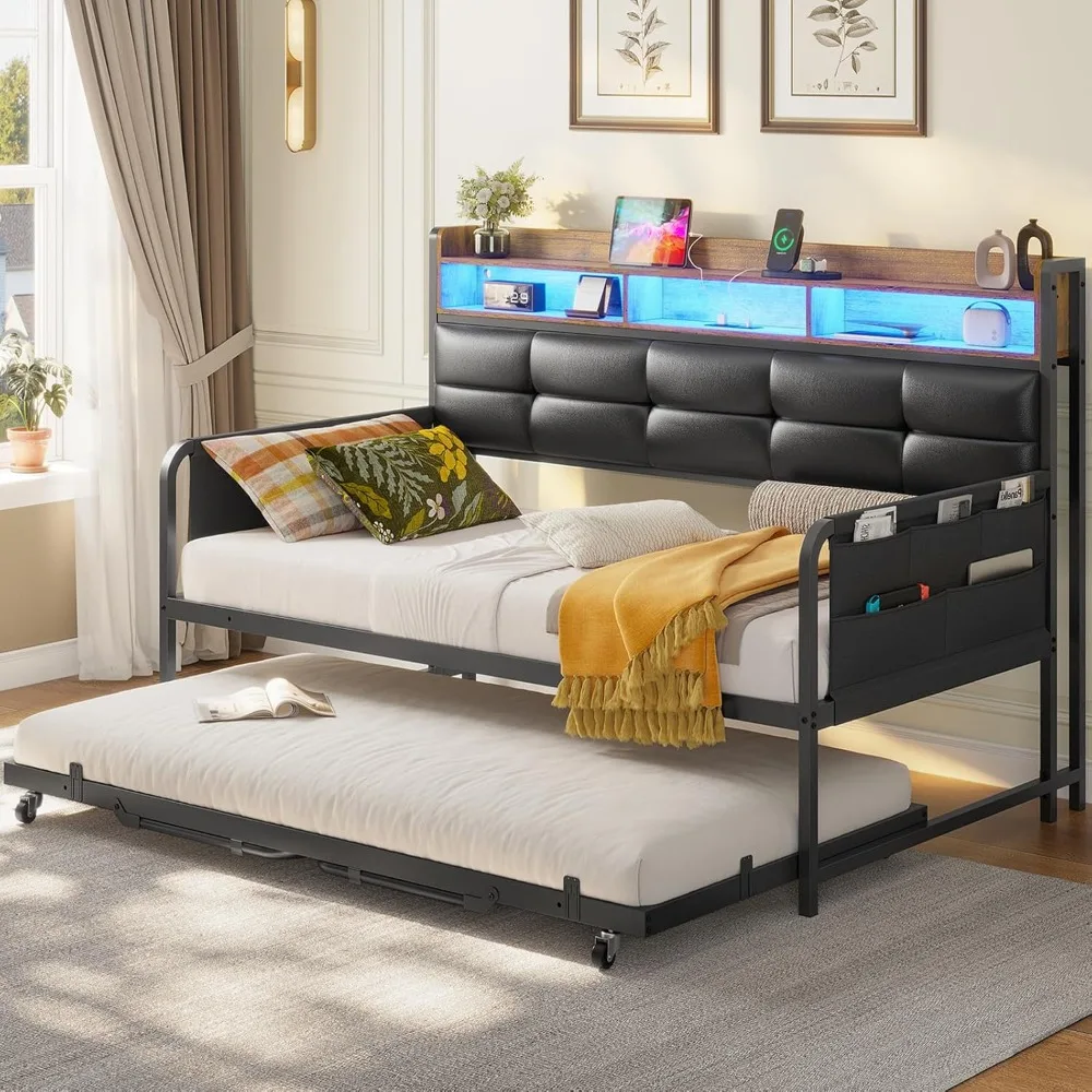 Daybed with Trundle, Twin Day Bed with Upholstered Headboard and Charging Station, Metal Day Bed Frame Twin with Storage and LED