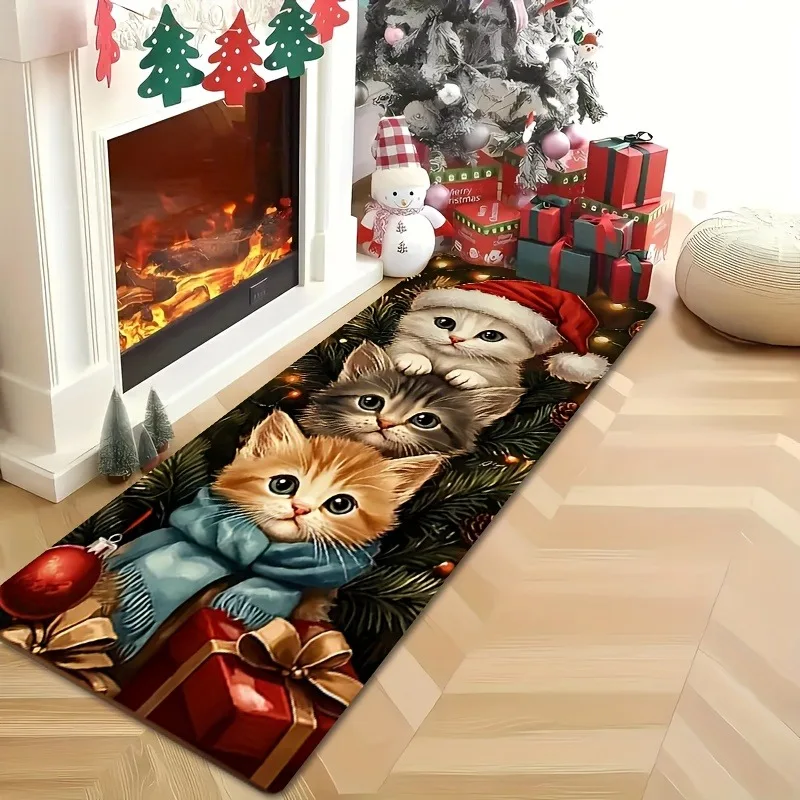 Decorative Christmas Long Runner Rug Cute Three Kitten Santa Hat Gift Box Pine Branch Print Carpet Indoor Floor Rug for Decor