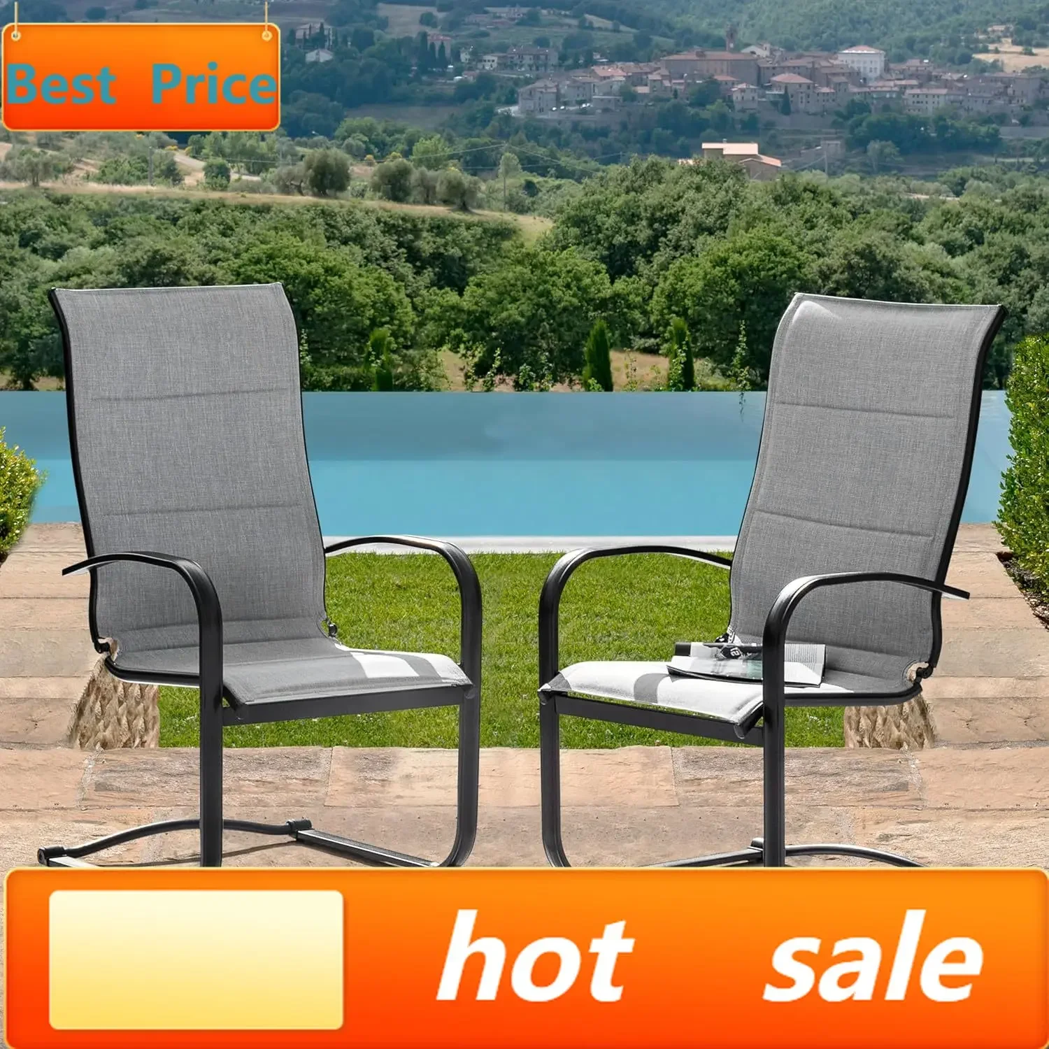 Patio Dining Chairs Set of 2, All Weather Outdoor Padded Textilene Patio Chairs, Breathable Spring Motion Textile High Back Outd