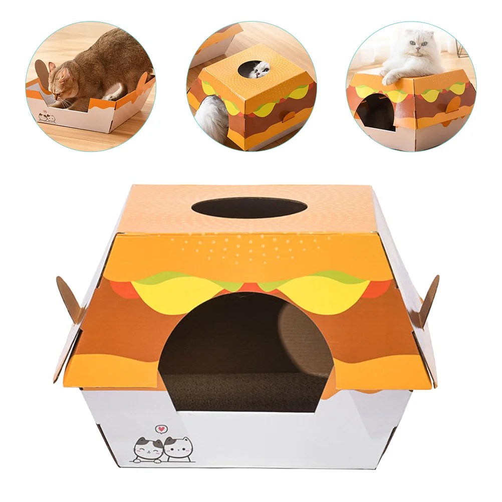 Hamburger Cat Nest Scratch Pad Kitten Board Creative Scratcher Toy Cats Bed Heated House