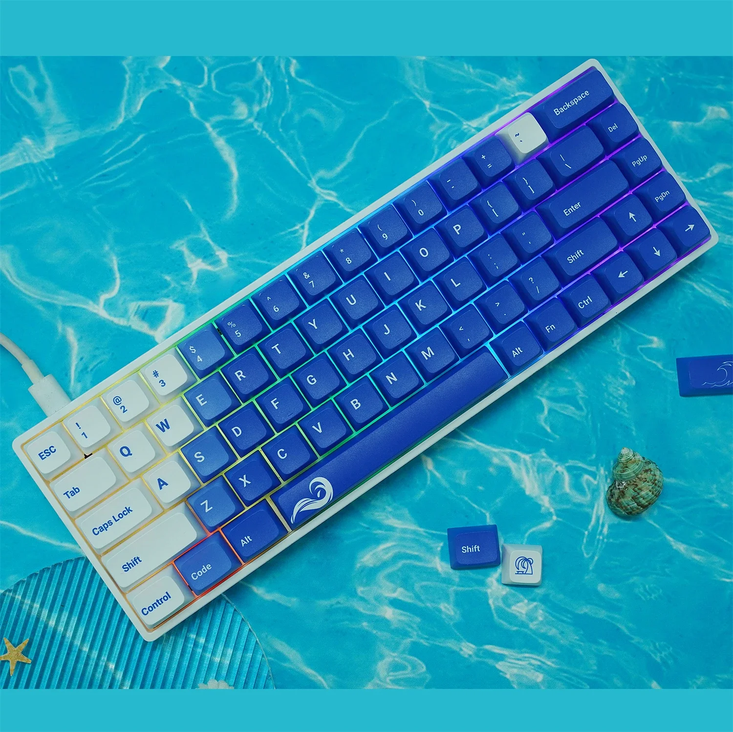 104 + 24 PBT Five-Sided Sublimation XDA Keycap Cross Shaft Compatible with ANSI ISO Layout, Sea Ripple