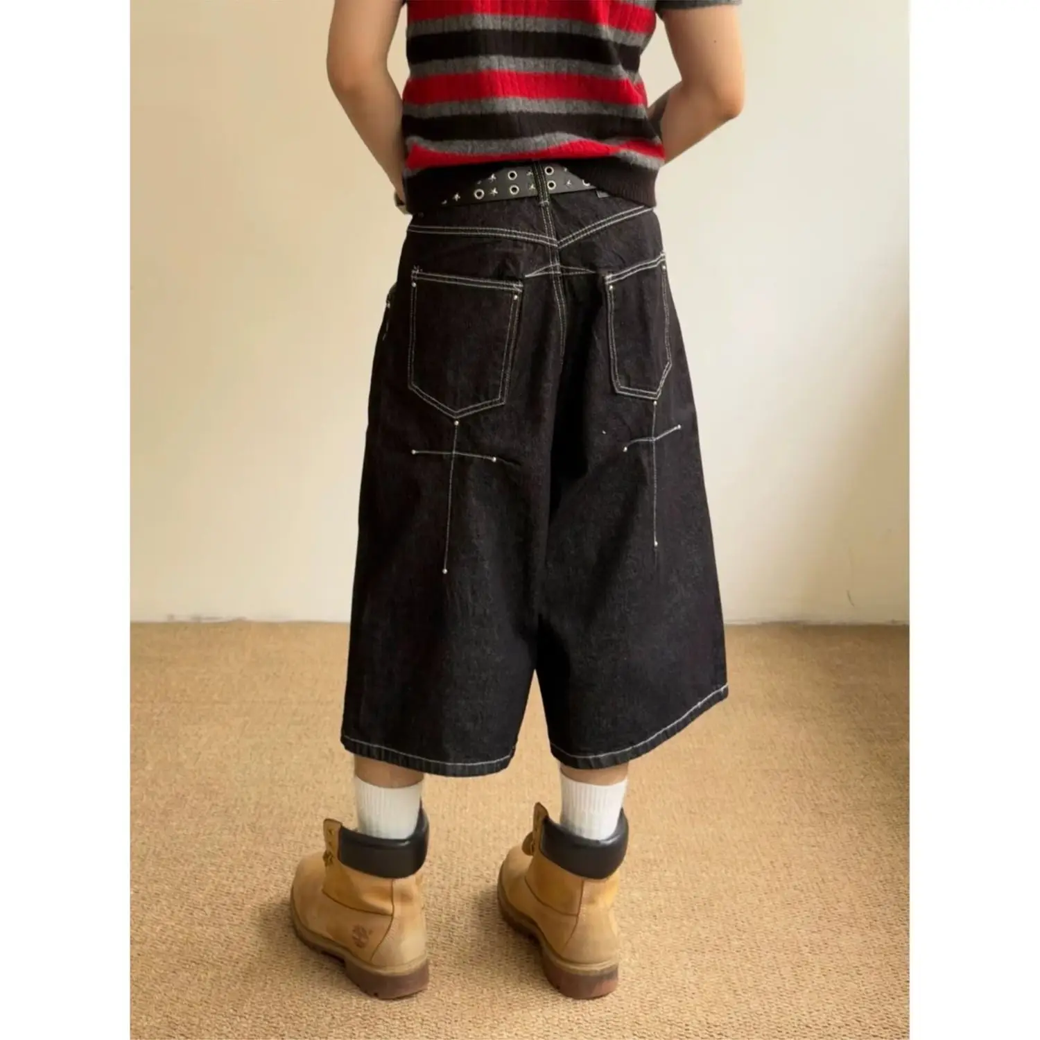 Men's Simple Bright Line Cropped Jeans Punk Boys Summer Shorts Mini Pants Wide Leg Casual Bottom Male Calf-length Trousers