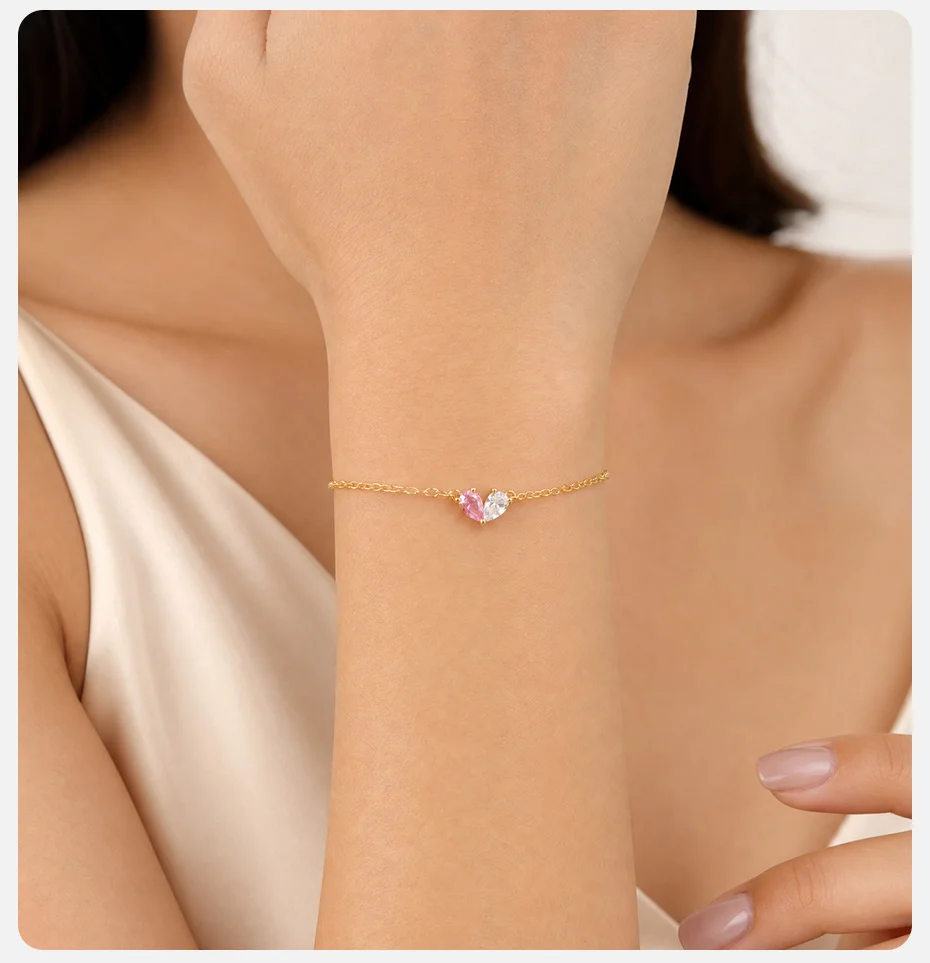 Vnox Luxus-Armband mit Herz-Anhänger, rosa, klar, AAA-Zirkonia, für Damen, vergoldet, süß, romantisch, Valentinstag, Hochzeit, Schmuck, Geschenke – Detail 3