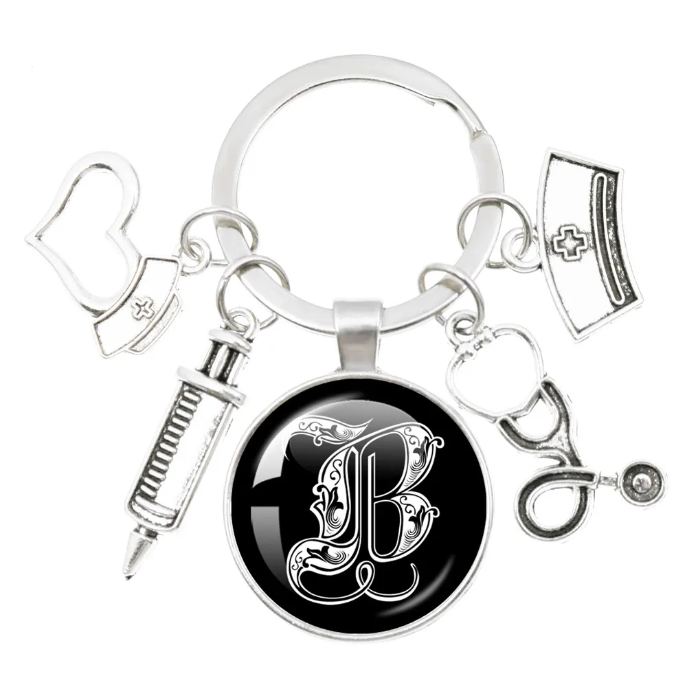 26 Letter Royal Initialen Keychian Doctor Nurse ID Name Medical Syringe Stethoscope Accessories Glass Keychain Gift Jewelry