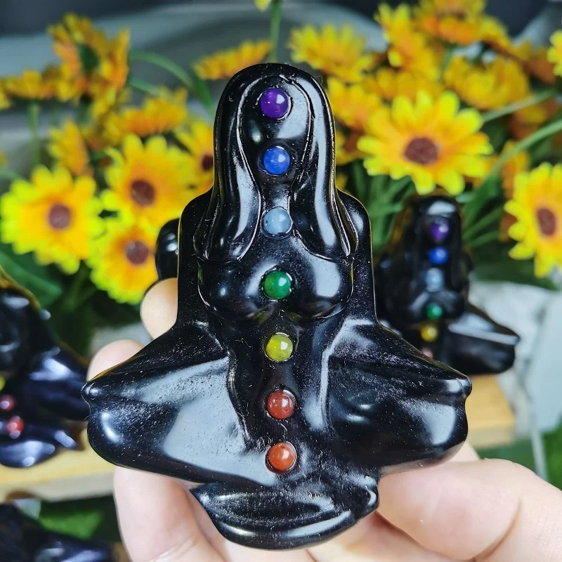 Wholesale Black Obsidian Yoga Lady Craft Crystal Carving Women With 7 Chakra For Meditation