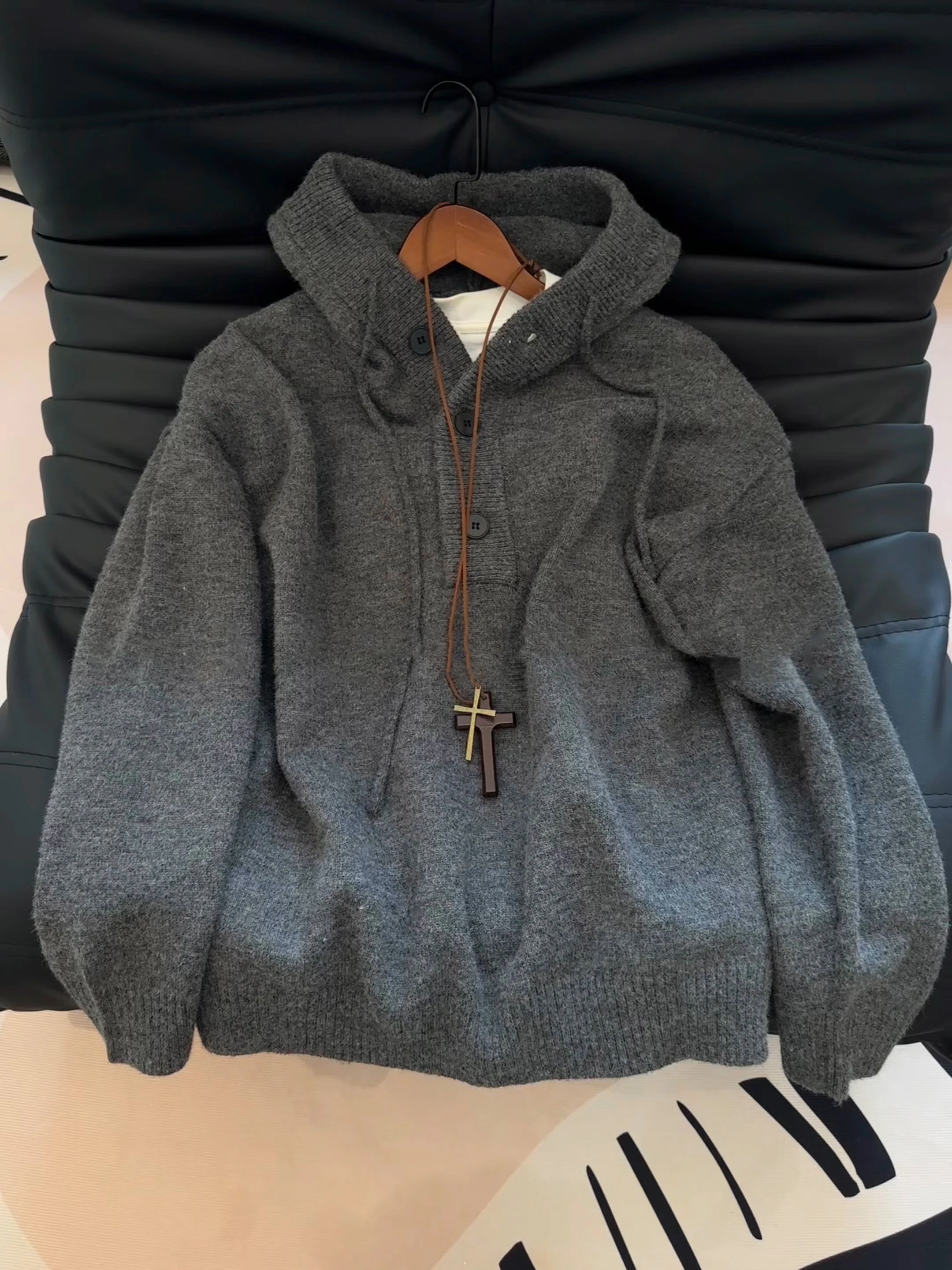 

Deep ey American Sle Henry Collar Men's Knitted Sweater Hoodie Casual Long Sve Winter Coat Youth Faion Trend