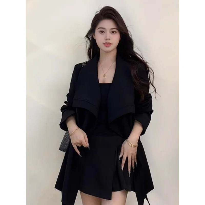 Spring Femme Strap Up Mid Length Casual Trench Jacket Autumn Women Fashion Linen Coat Ladies High-end Big Collar Windbreaker Top