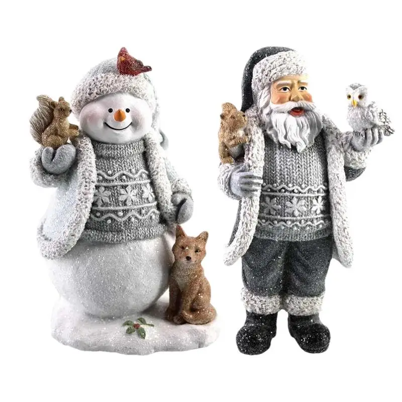 Christmas Resin Statue Desktop Santa Snowman Sculpture Miniature Snowman Figurine Craft With Dog For Desktop Decoration