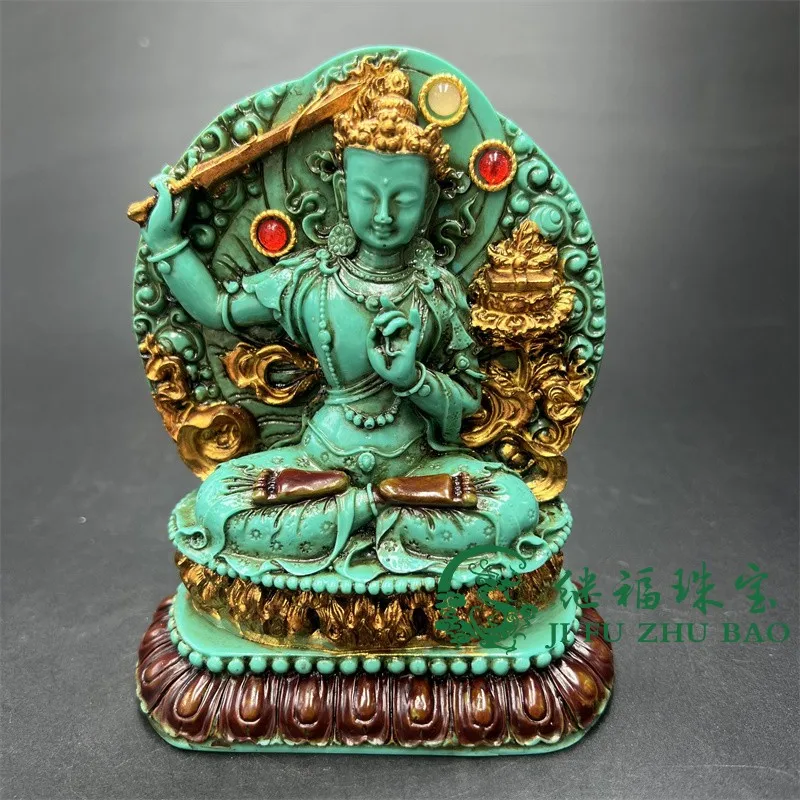 Antique miscellaneous antique pulp gilt imitation turquoise carving Manjushri Bodhisattva ornament retro inlaid gemstone crafts