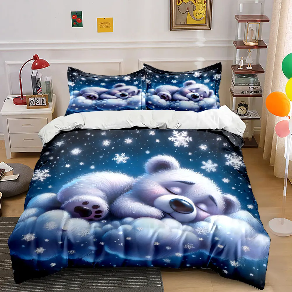 Little Bear on Dreamy Cloud Print Bedding Set 1 Duvet Cover 2 Pillowcases for Adult and Children Luxury Gift Full Size