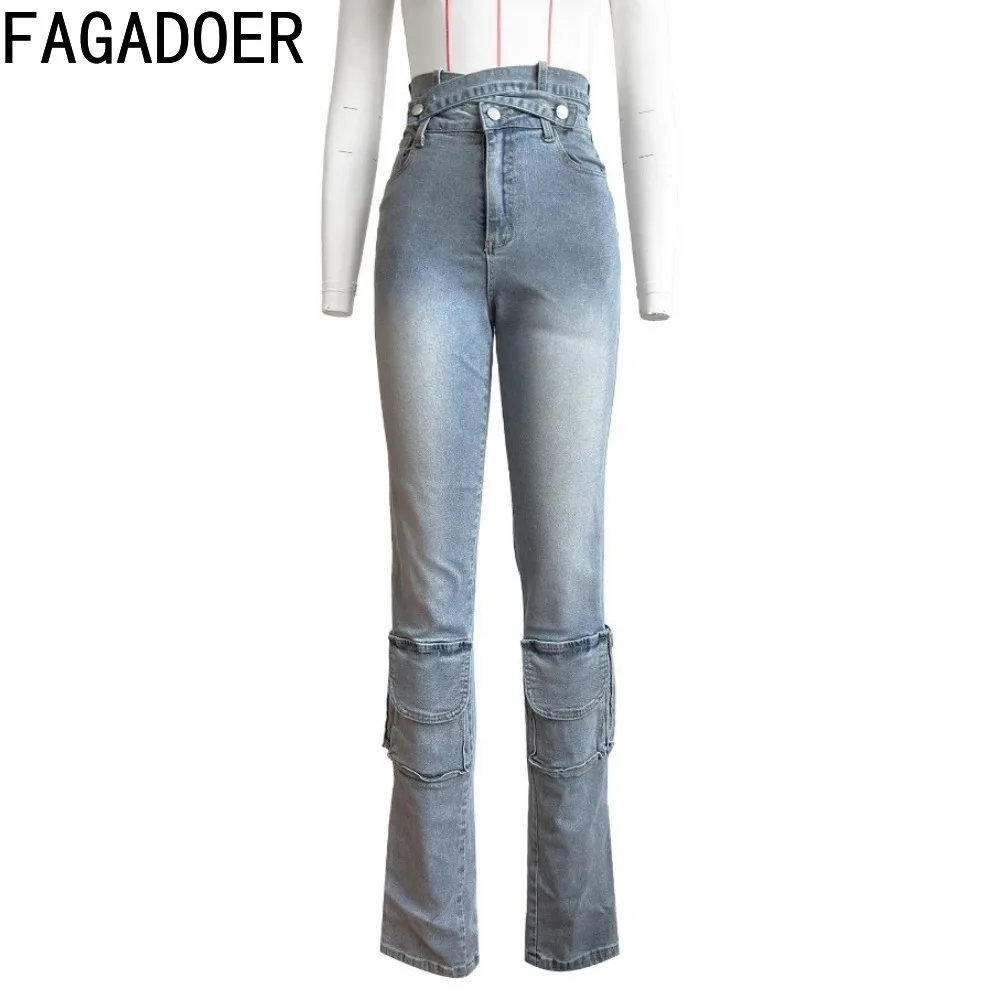 Fagadoer กางเกงยีนส์แฟชั่นสีฟ้าเอวสูงมีกระเป๋า, กางเกงยีนส์เอวสูงกางเกงผู้หญิงคาร์โก้กางเกงคาวบอยสำหรับผู้หญิง2024