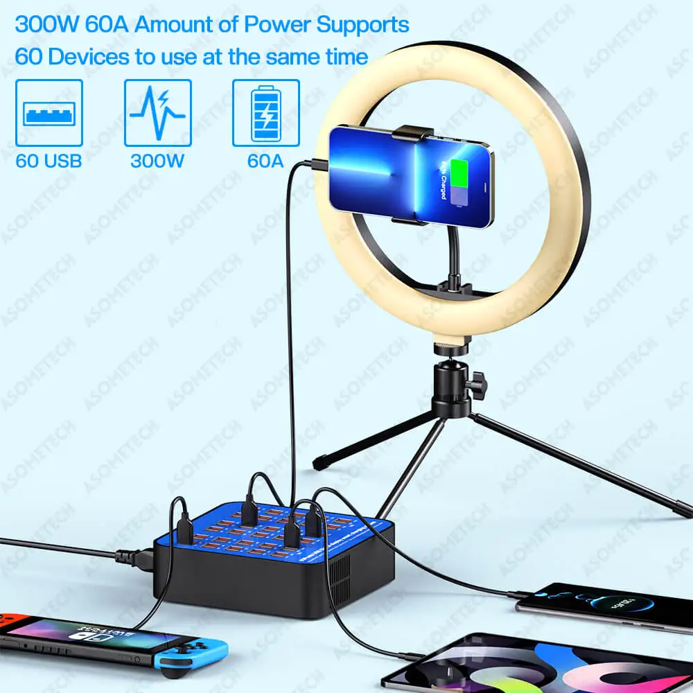 Multiple Ports USB Charger 300W 60A 60 Port Portable USB Charging Station Smartphone Charger Adapter For Samsung Xiaomi Huawei