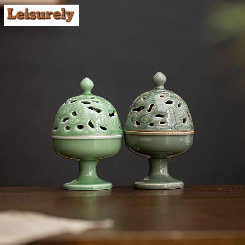 Antique Plum Green Ceramic Incense Burner Chinese Indoor Aromatherapy Furnace Sandalwood Incense Holder Tea Ceremony Accessories