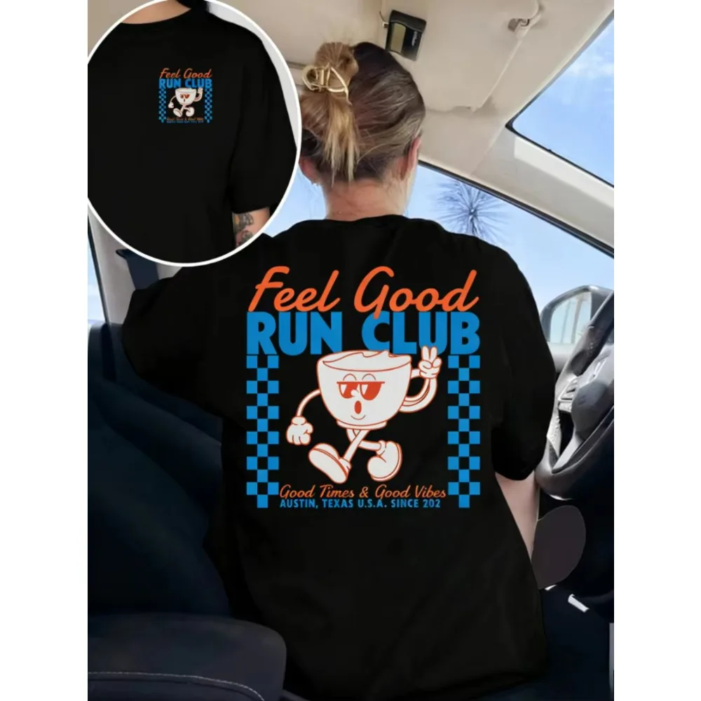 Feel Good Run Club Retro Coffee Mascot Graphic T-Shirt Casual Short Sleeve Crew Neck Tops Trendy Summer Daily Wear Tee for Women