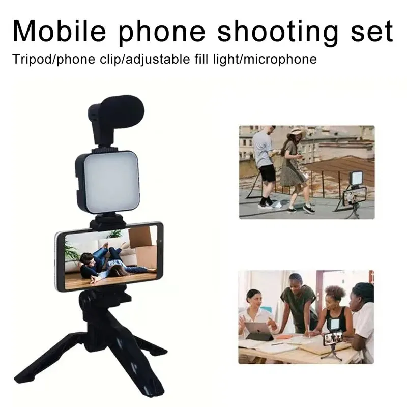 Kit de vlogging para teléfono inteligente con trípode, soporte para teléfono, Mini micrófono, luz de relleno LED, arrancador para TikTok, transmisión en vivo, vídeo, YouTube