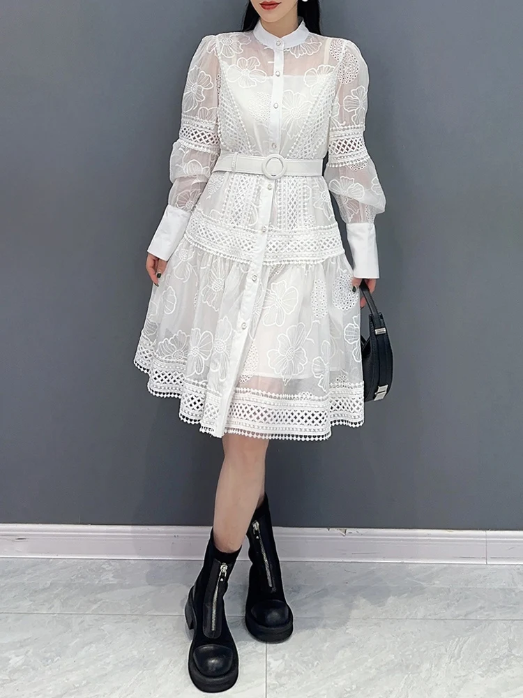 Luxury Women Lace Shirt dress White Black 2024 New Vintage embroidery Lantern sleeve dresses with belt Sexy clothes INKEO 4D062