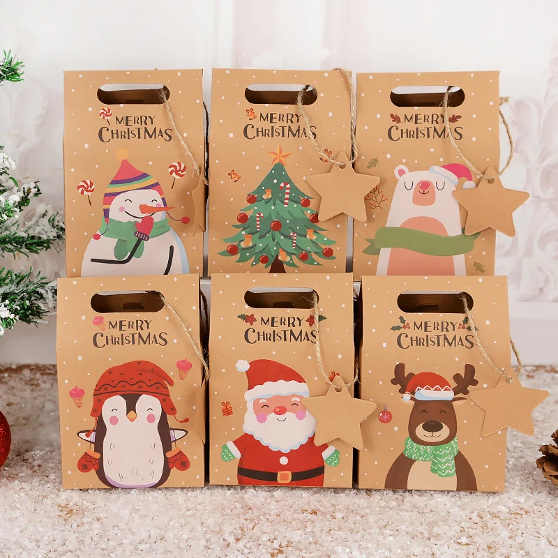 

6pcs Merry Christmas Kraft Paper Box Cartoon Santa Claus Snowman Candy Gift Box Packaging Bag Xmas Navidad New Year Party Favors