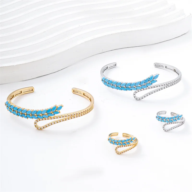 Yixin Fashion Orchid Stone Wheat Ear Open Bracelet Ring Set for Women Leaf Zircon Jewelry Set Party Accessories