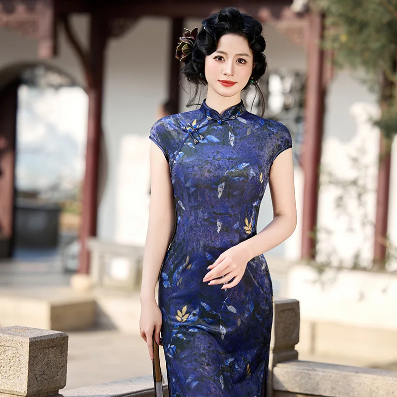 

Летнее элегантное бархатное платье-ципао Yourqipao с коротким рукавом, винтажным принтом и высоким разрезом, в китайском стиле, для женщин