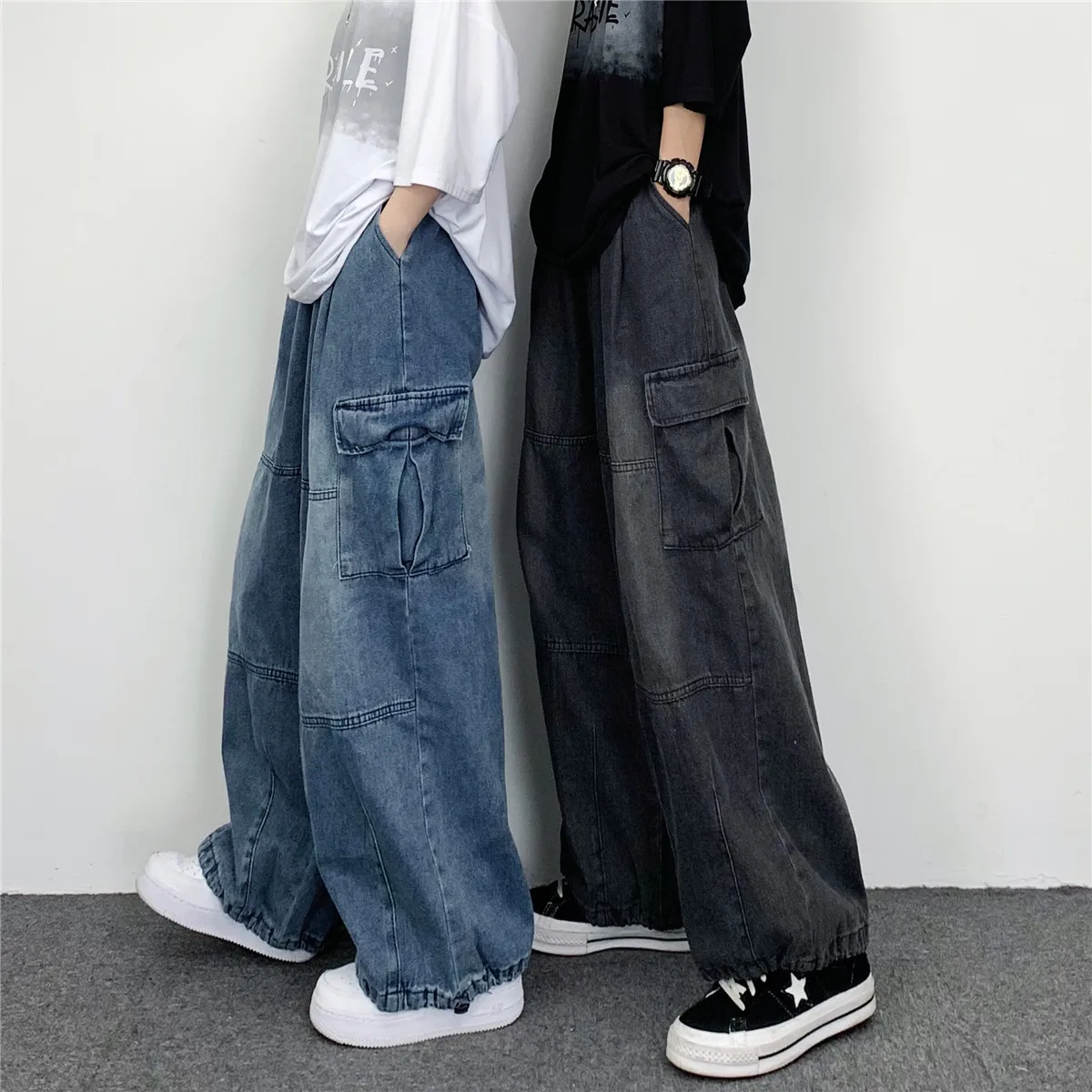 2024 New Hip Hop Four Seasons Trendy Wide Leg Bundle Leg Work Pants Straight Leg Loose Jeans Men's and Women's Pants