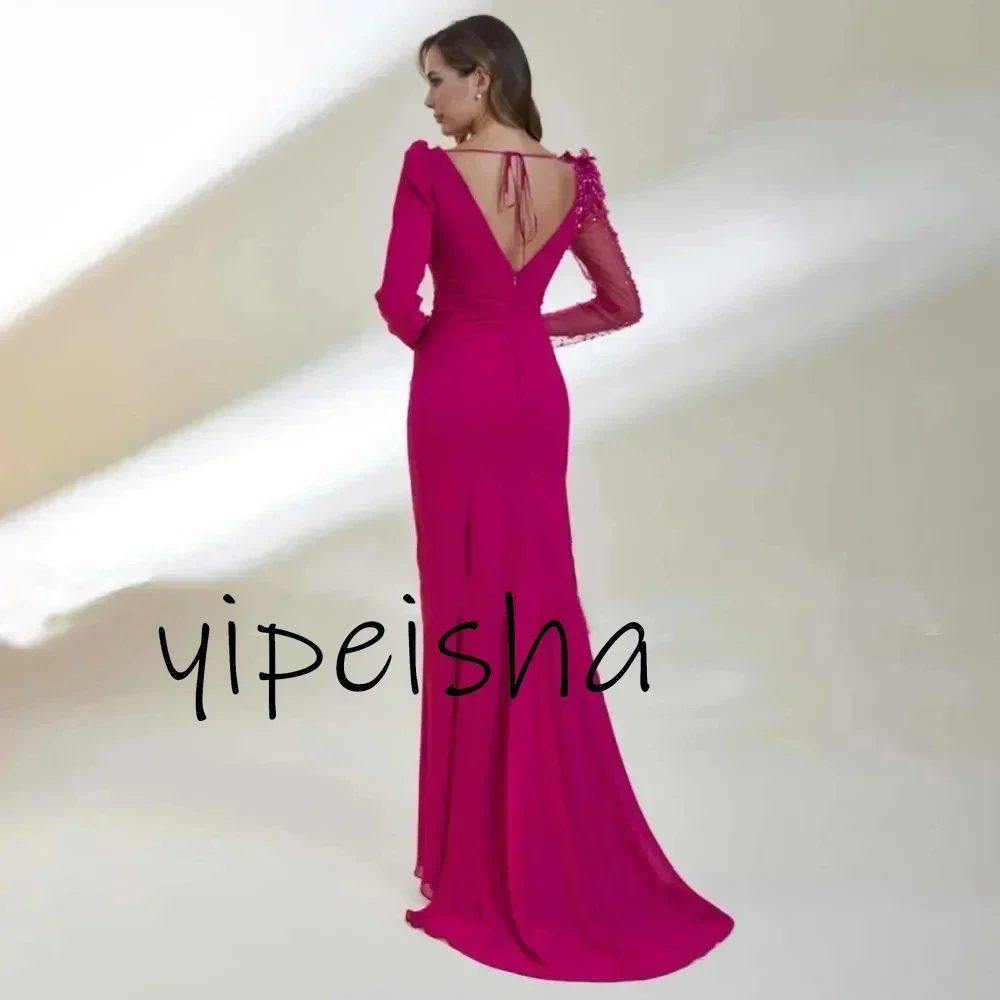 ชุดราตรีสั่งตัด ดีไซน์หรูหราทันสมัย ทรงเมอร์เมด เปิดหลัง ประดับเลื่อมและลูกปัด ผ่าข้าง สำหรับผู้หญิง แขนยาว สำหรับงานเลี้ยงอย่างเป็นทางการ