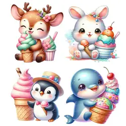 Cute Rabbit Deer Penguin With Ice Cream Wall Sticker Kids Room Cabinet Bedroom Refrigerator Home Decoration Animal Decals S310