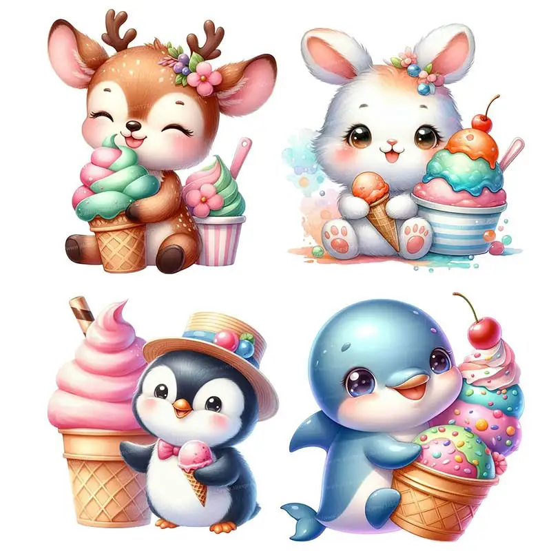 Cute Rabbit Deer Penguin With Ice Cream Wall Sticker Kids Room Cabinet Bedroom Refrigerator Home Decoration Animal Decals S310