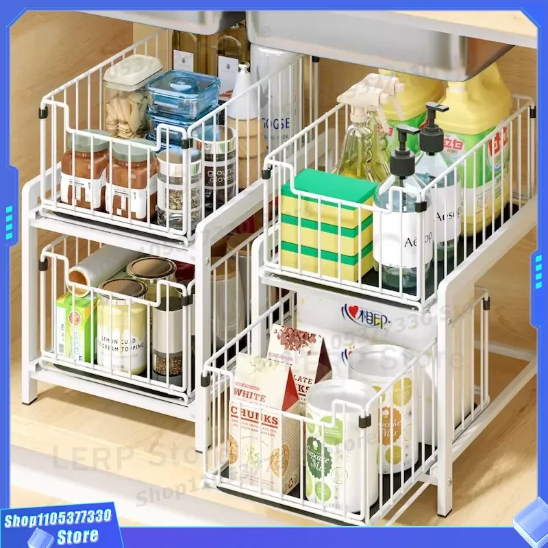 Double Pull Out Drawer Organizer for Kitchen Sink Cabinet Bathroom Countertop Storage Shelf Rack Accessories Space Saving