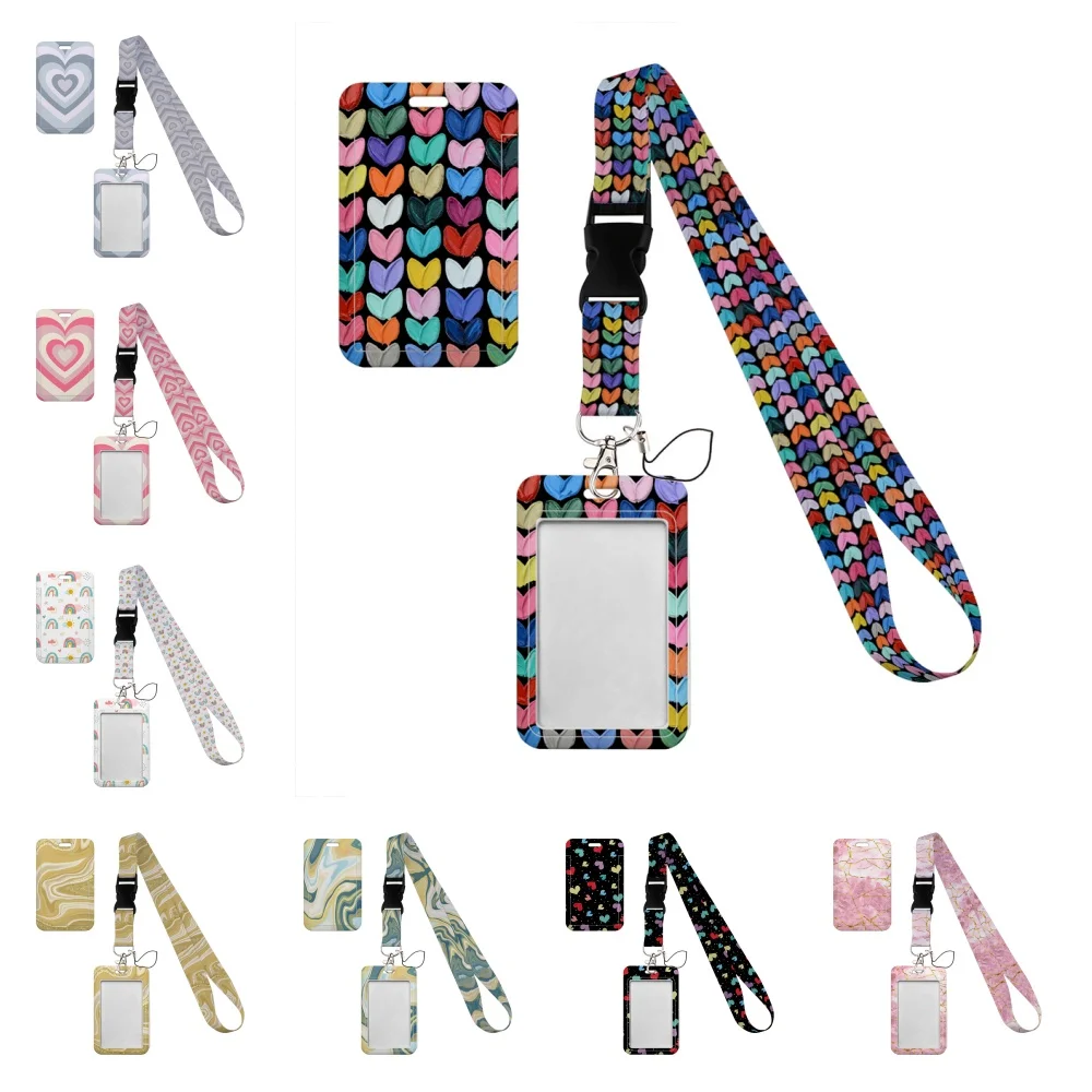 Simple marble heart rainbow card holder With buckle Lovely hanging rope  ID pass hang accessories holder lanyard passr Case