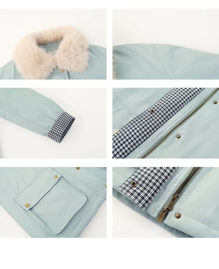 Kurtka puchowa Vega Chang New Winter damska, aksamitna, z futrzanym kołnierzem i przeszyciami w kratę, ciepły płaszcz