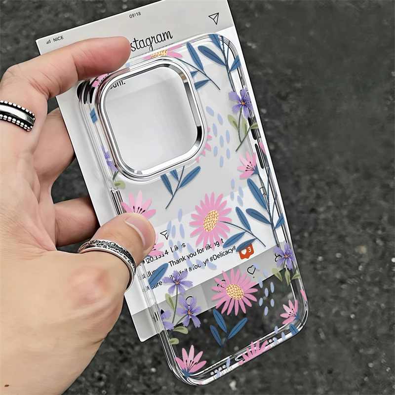 Custodia per telefono con motivo floreale per iPhone 17 Air 13 11 12 14 15 Pro Max 16e XR XS X 7 8 Plus Cover con cornice per obiettivo argento antiurto