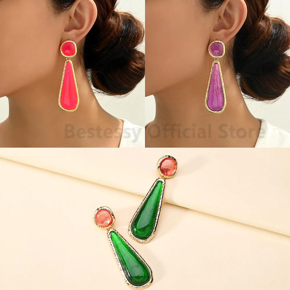 Luxury Glass Big Dangle Earrings For Women Fashion 2024 Geometric Party Wedding Elegant Long Pendant Vintage Jewelry Accessories