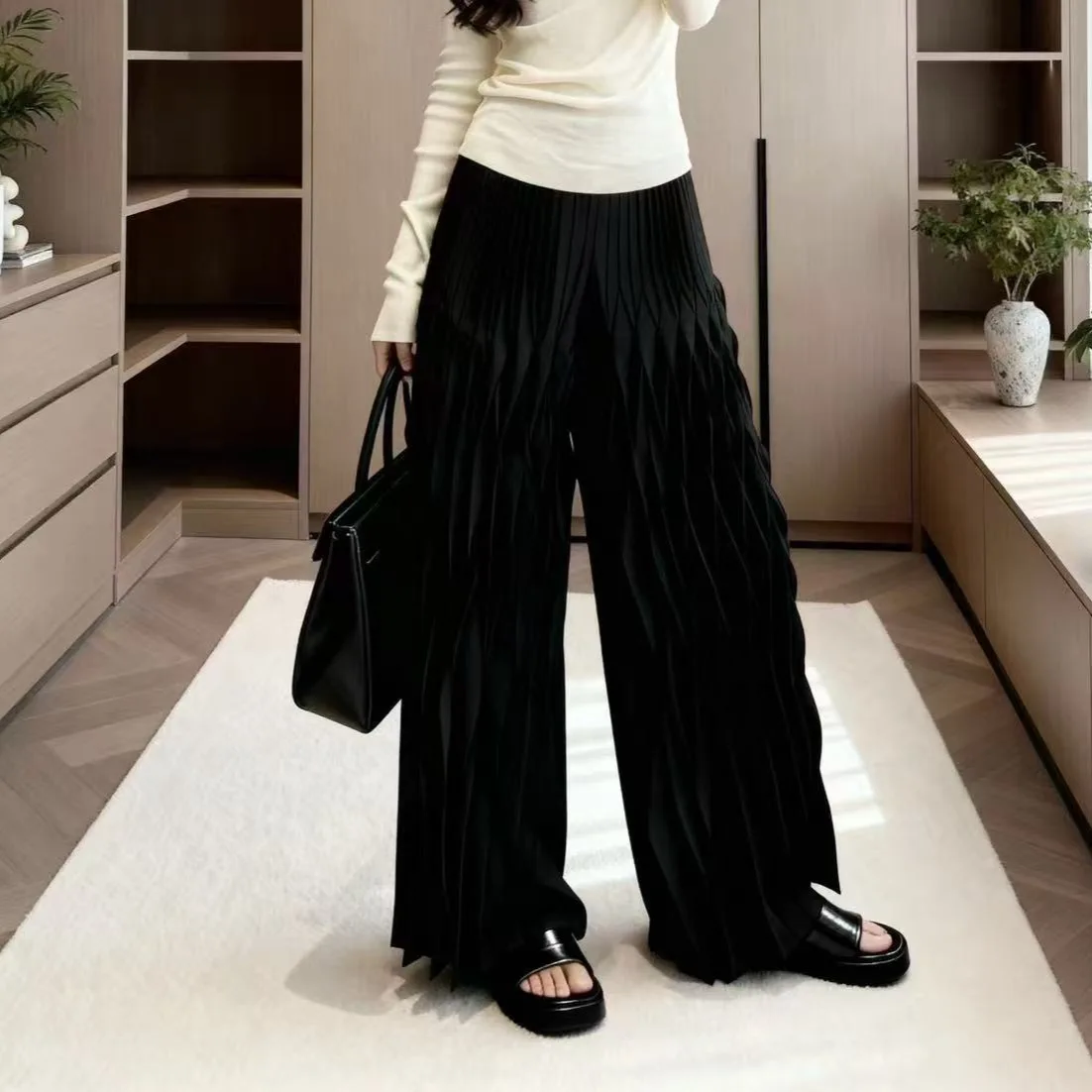 Miyake High-Quality Elastic High Waist Women's Pleated Wide Leg Pants Draped Loose Casual Straight Long Trousers Chic