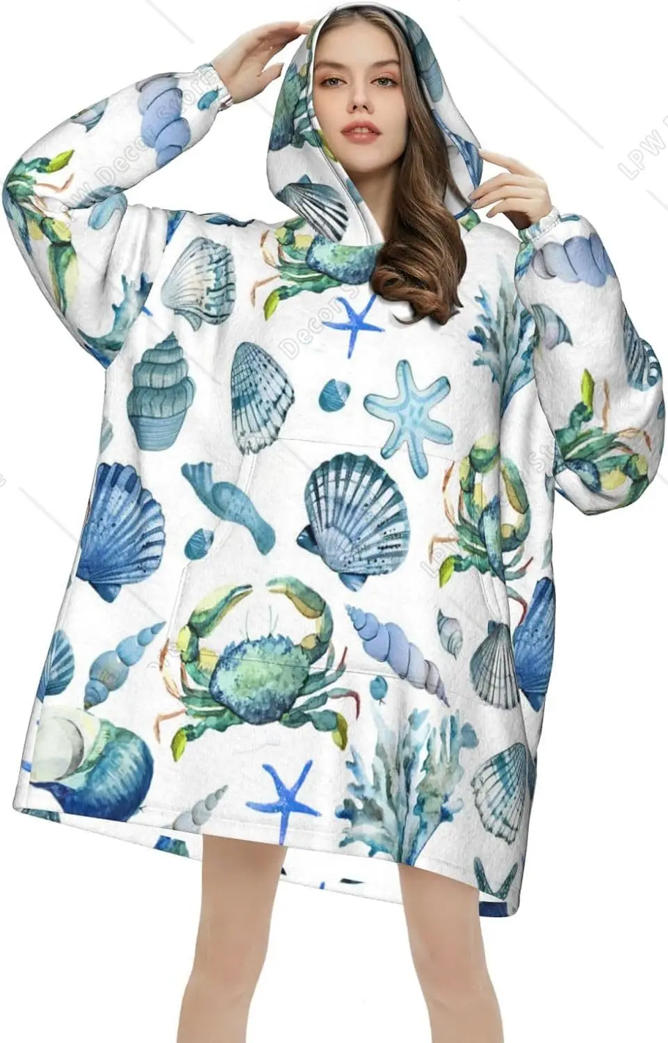 Ocean Animal Wearable  Hoodie For Adults Beach Shells Oversized Sweatshirt Blanket Cozy Warm Sherpa Hooded Blanket With Pocket