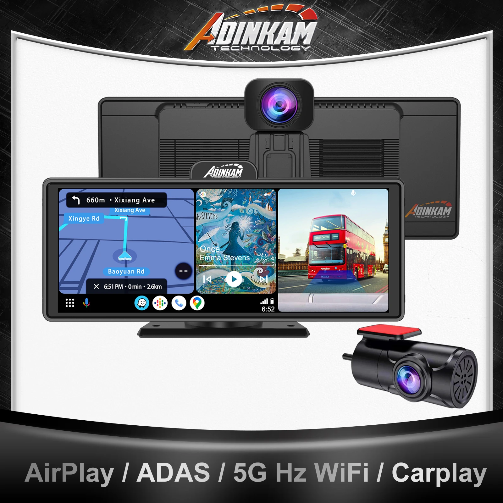 ADINKAM 무선 카플레이, 안드로이드 자동 4K 대시보드, 휴대용 5G Hz 와이파이, 차량용 카메라 3 오디오 에어플레이 AUX, 10.26 인치, 핫 트렌드
