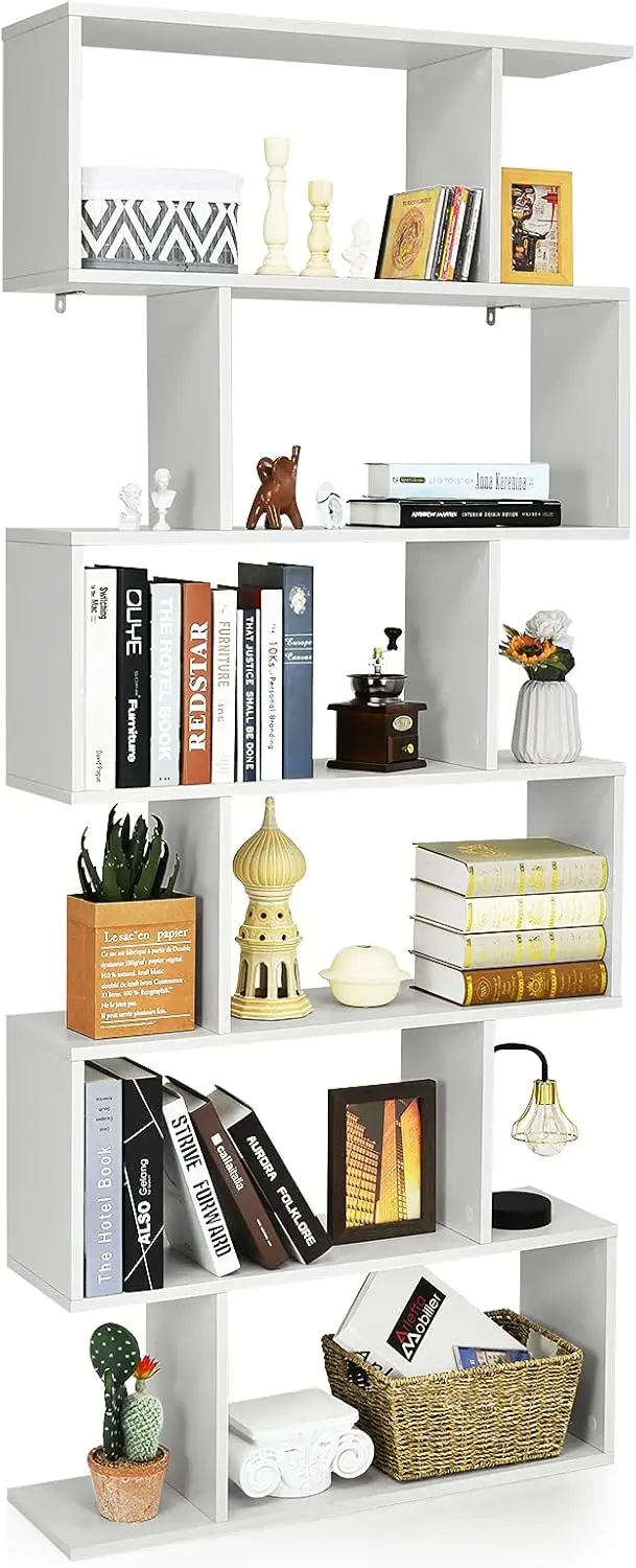 6 Tier S Shaped Bookshelf, 31.5''L x 9''W x 75''H, Wooden Bookcase and Bookshelves w/Anti-Toppling Device, Room Divider Display