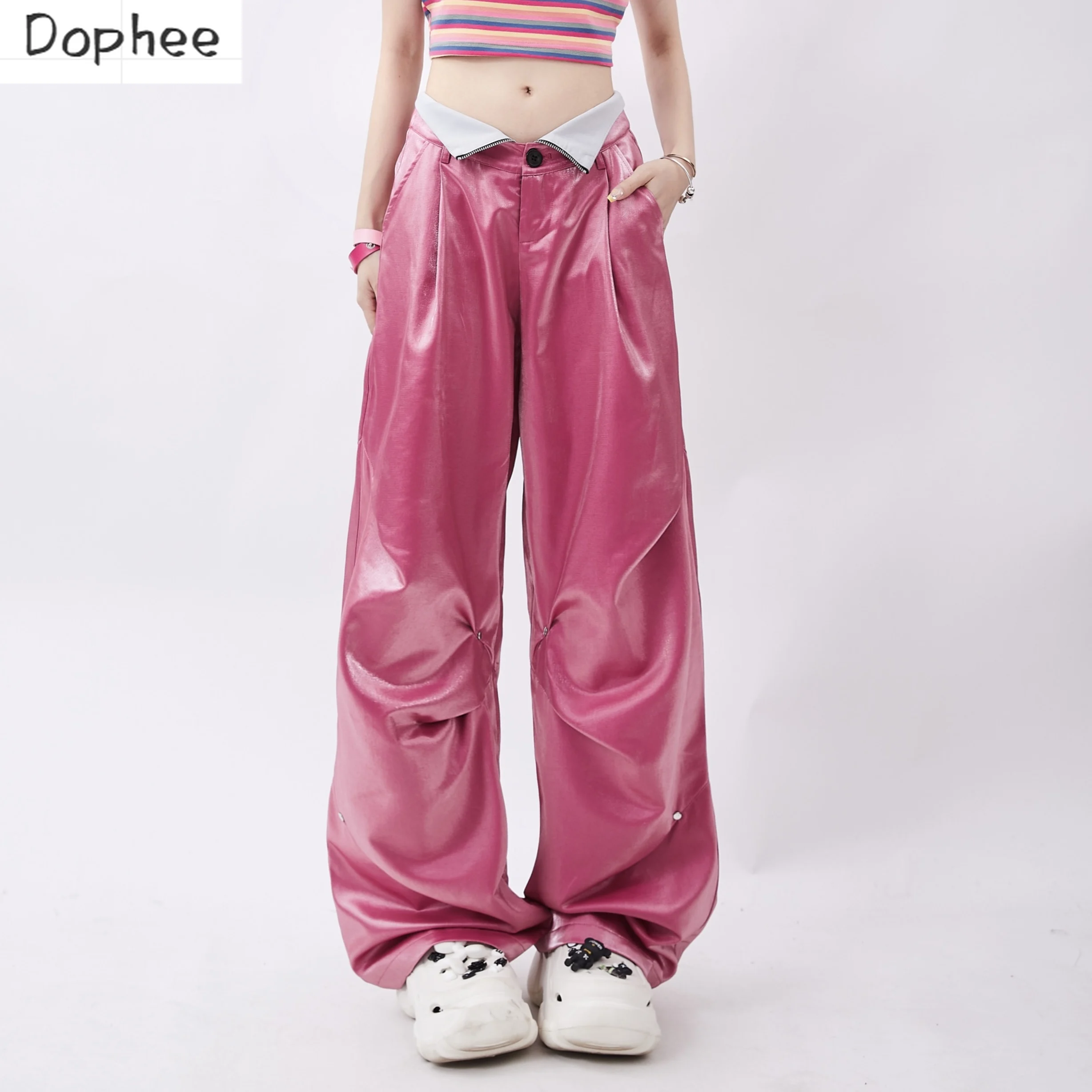 Dophee pantaloni Cargo viola per le donne nuova primavera estate Hotsweet pantaloni dritti a vita alta Streetwear pantaloni da ballo larghi casuali