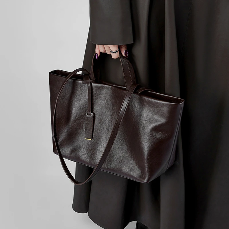 BURMINSA Women Genuine Leather Tote Bags Minimalist Large Capacity Casual Daily Shopper Work Travel Shoulder Handbags For Ladies