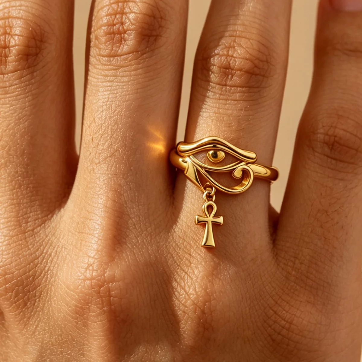 Vintage Tassel Ankh Cross Pendant Eye of Horus Rings For Women Men 18k Gold Plated Ring Ancient Egyptian Ring Jewelry