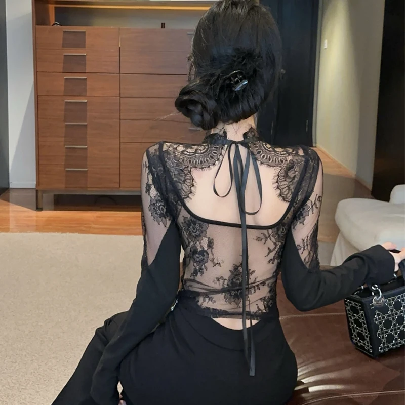 

2025 Spring Autumn Patchwork Bow Tie Black Lace Shirt Long Sleeve Hollow Out Backless T Shirt Sexy Women Tops